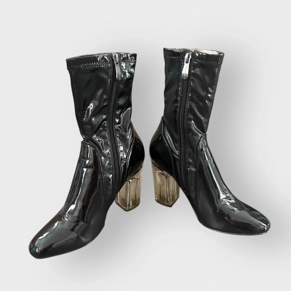 Cape Robbin Black Faux Patent Leather Booties with Perspex Lucite Heel - Glossy - Picture 3 of 8